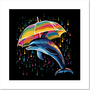 Dolphin Rainy Day With Umbrella Posters and Art